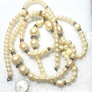 Vintage Faux Pearl Necklace 54" Graduated 16-8mm Opera Flapper Gatsby Silver Ton